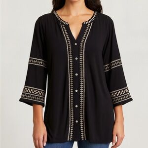 J Jill Medium Black and Cream Embroidery Boho Peasant 3/4 Sleeve Blouse Top Sz.M